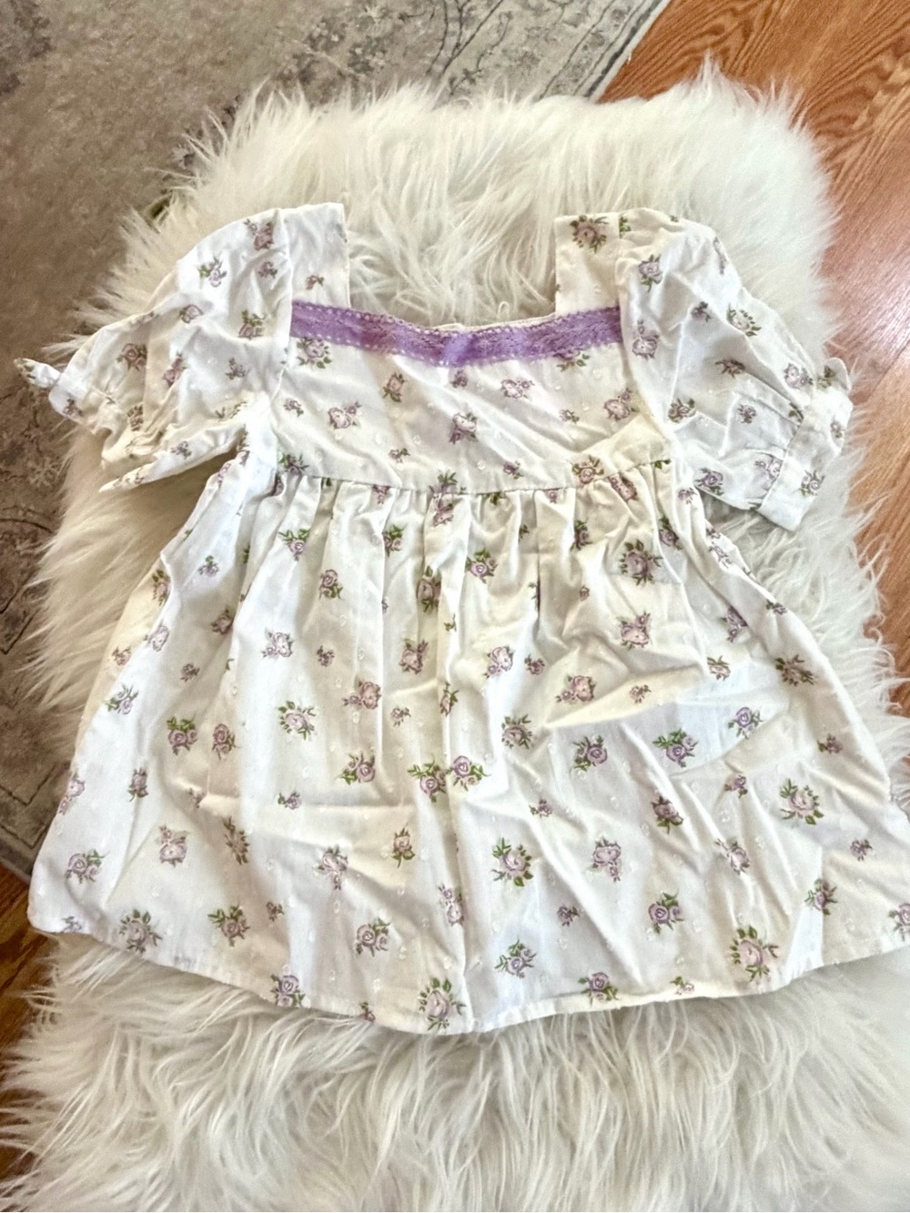 Girls' White Floral Peasant Dress with Purple Trim